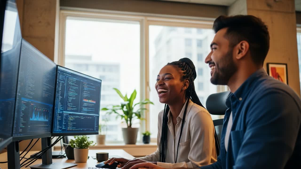 A Collaborative Moment in Coding: Two Professionals Engaging in a Productive Discussion While Analyzing Code and Software Solutions on Dual Monitors in a Modern Office Environment