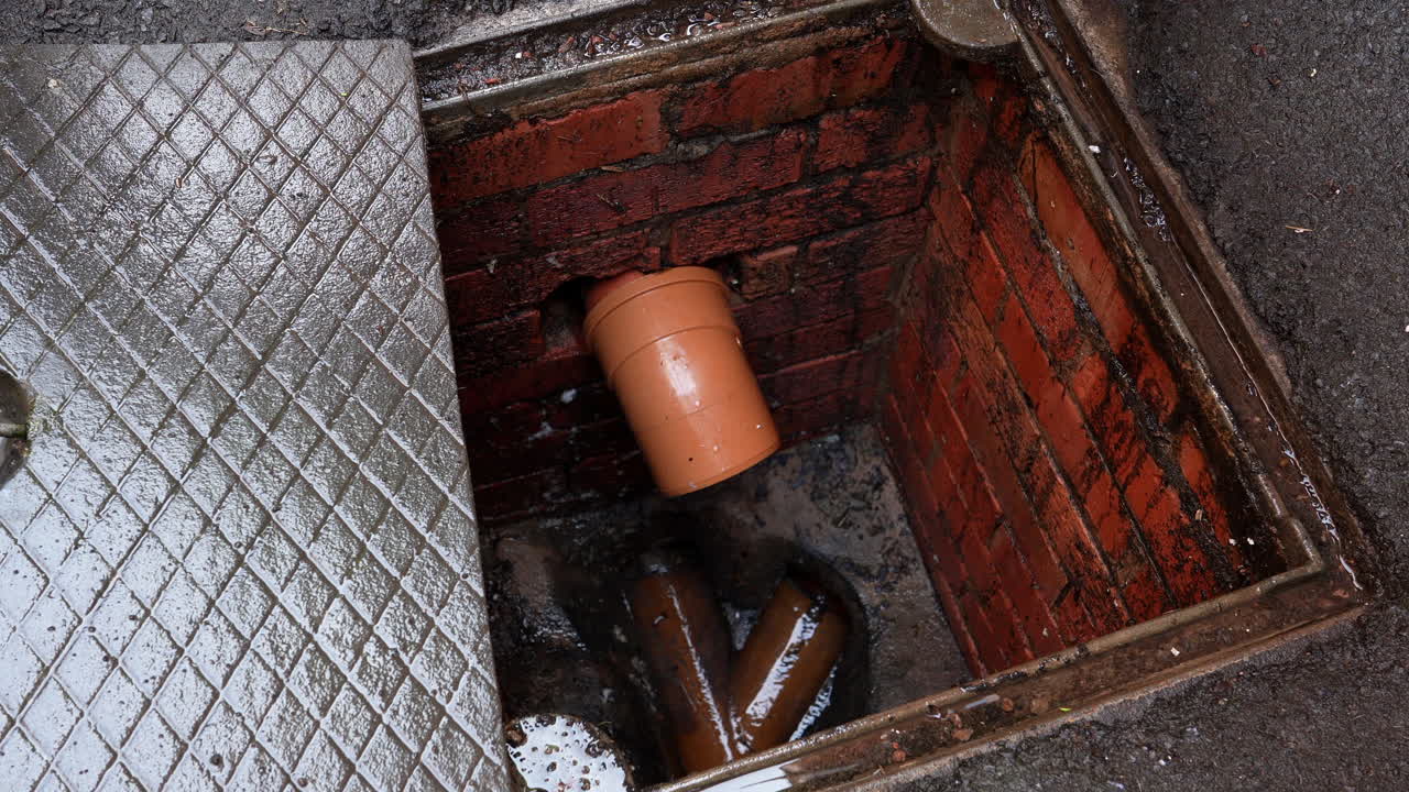 Removing manhole cover and inspecting drain male worker with green gloves