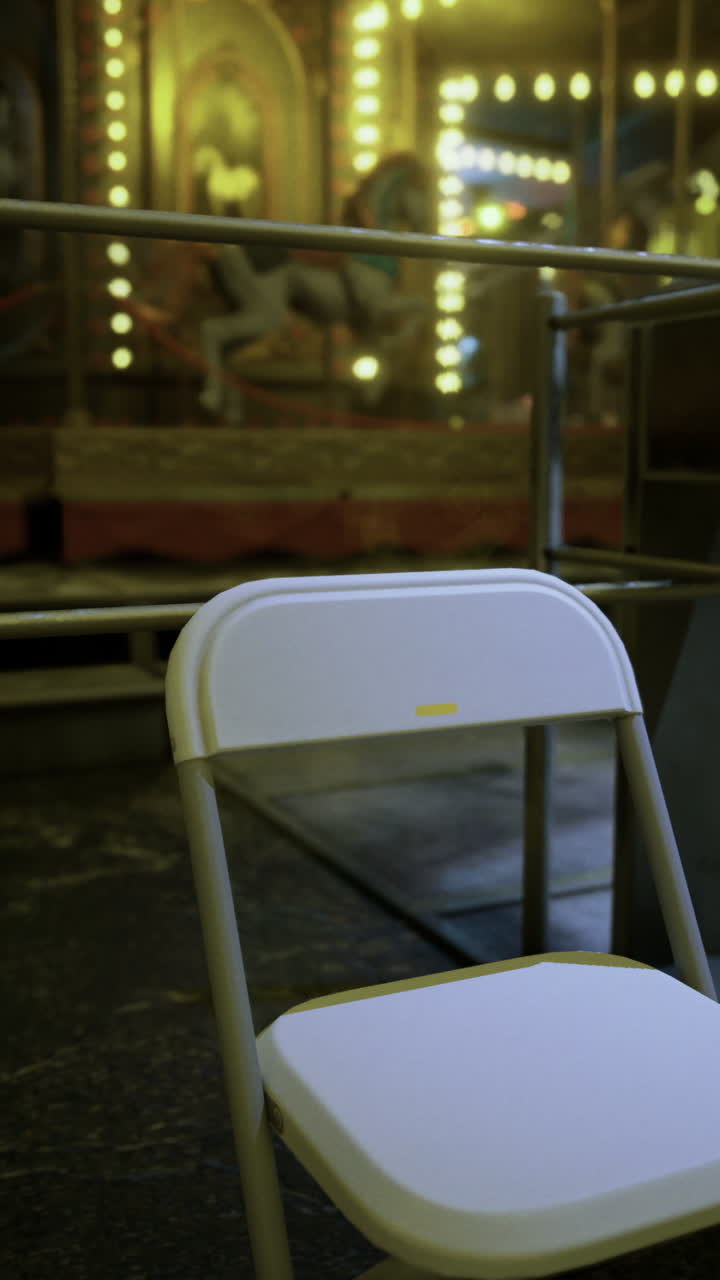 Empty chair placed in front of a vibrant carnival backdrop at night