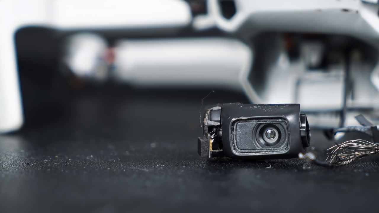 Broken camera of a drone on a black surface