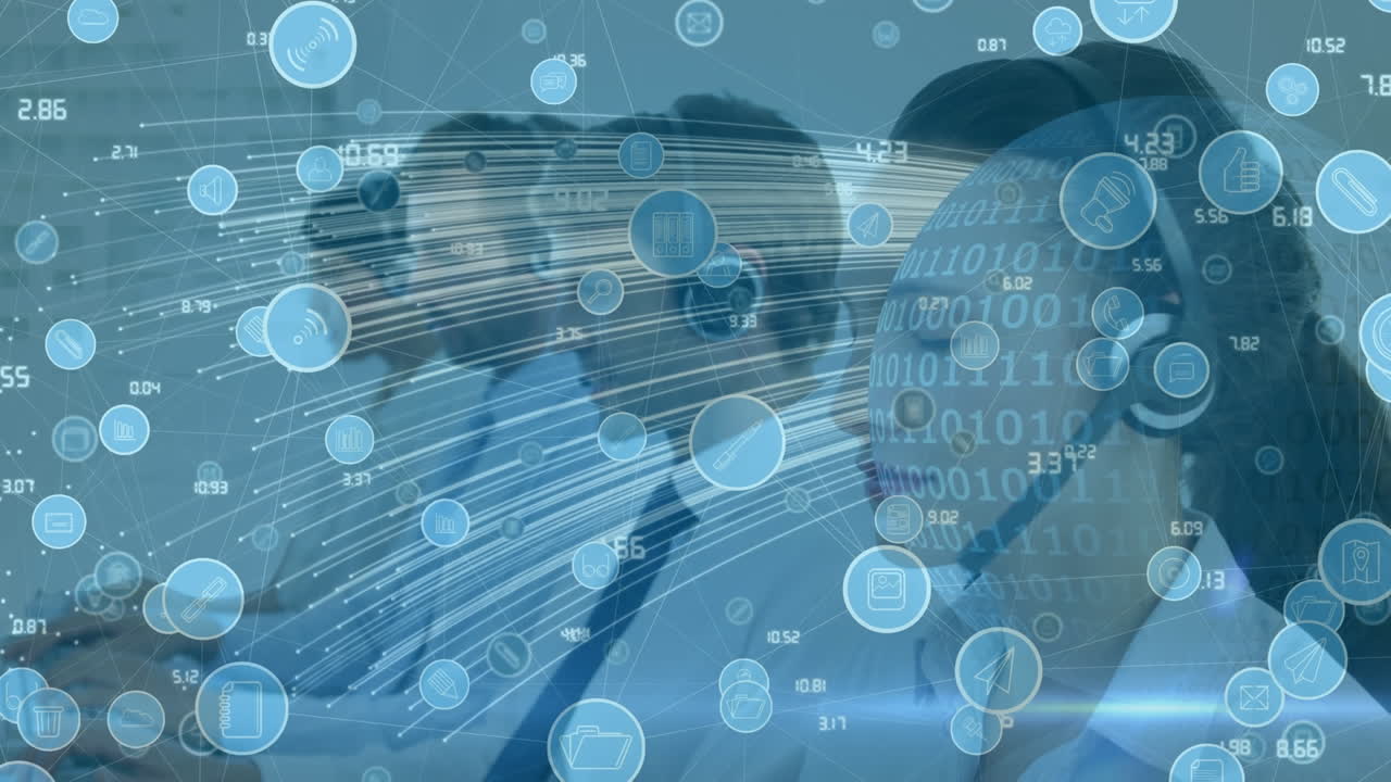 전화 헤드 ⁇ 을 사용하는 비즈니스 사람들에 대한 아이콘과 연결 네트워크의 애니메이션