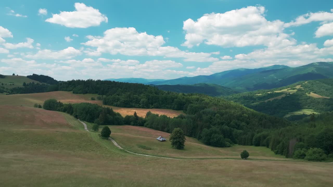 Drone glides through picturesque rural landscape