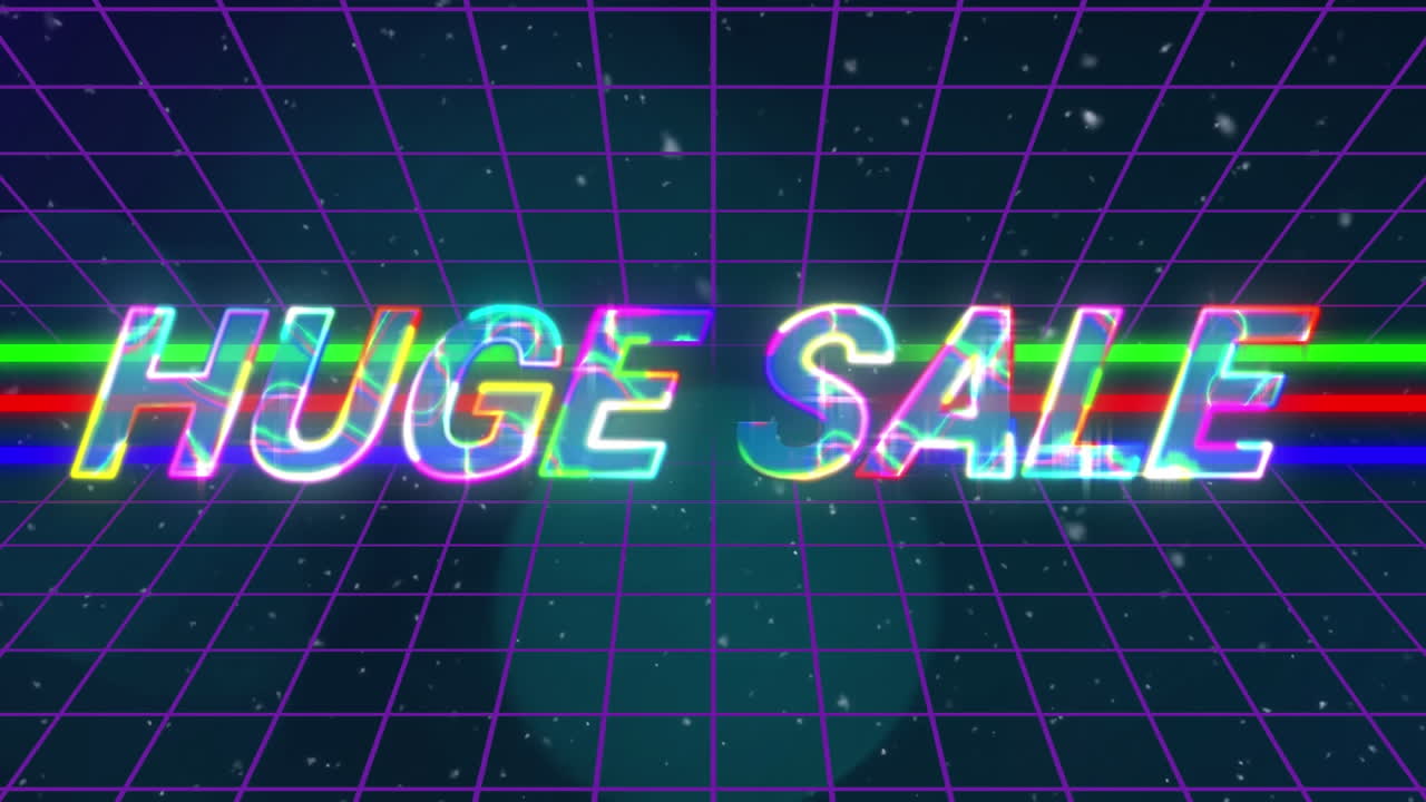 빛의 반점에 대항하여 그리드 네트워크를 통해 거대한 판매 텍스트 배너에 대한 조명 효과의 애니메이션