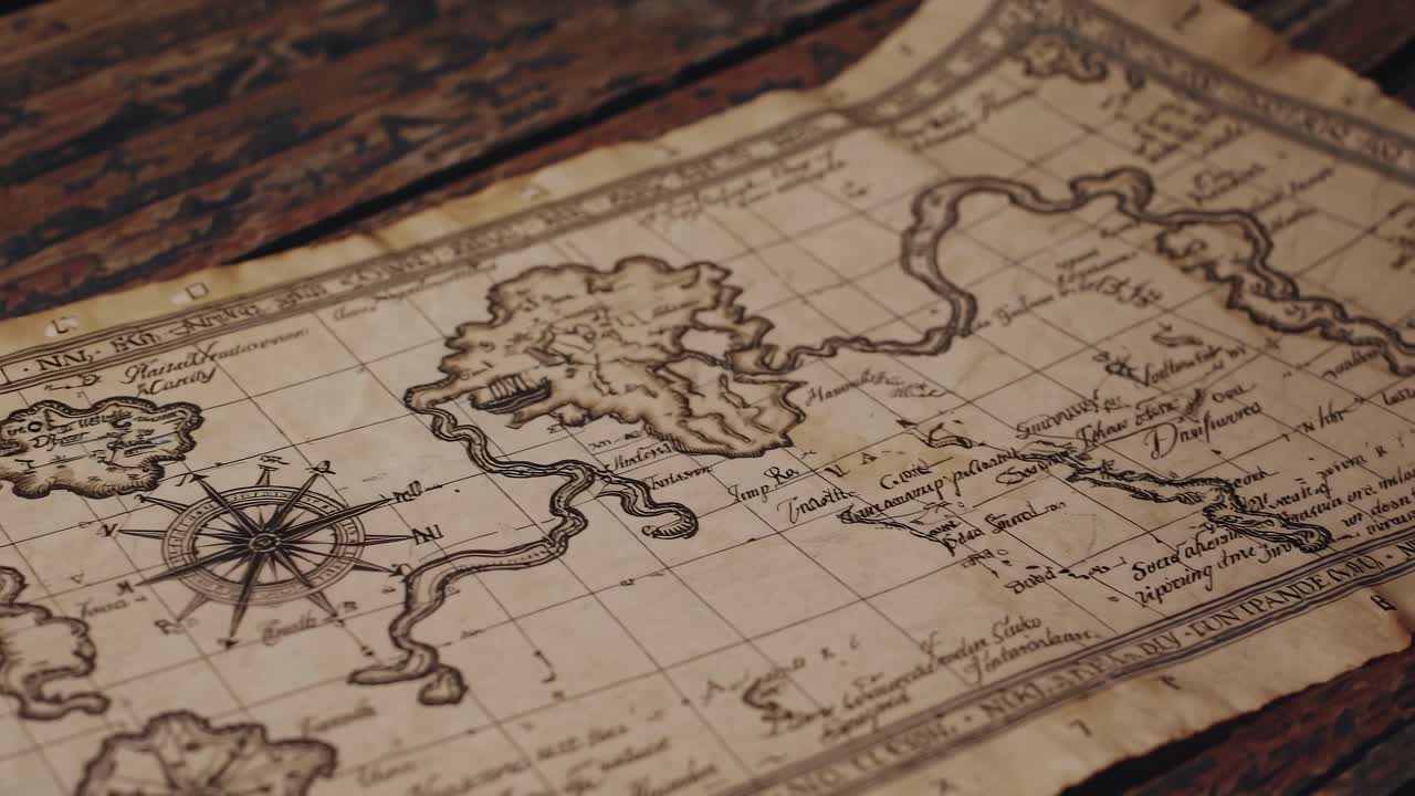 Vintage treasure map on wooden table, captured at a low angle
