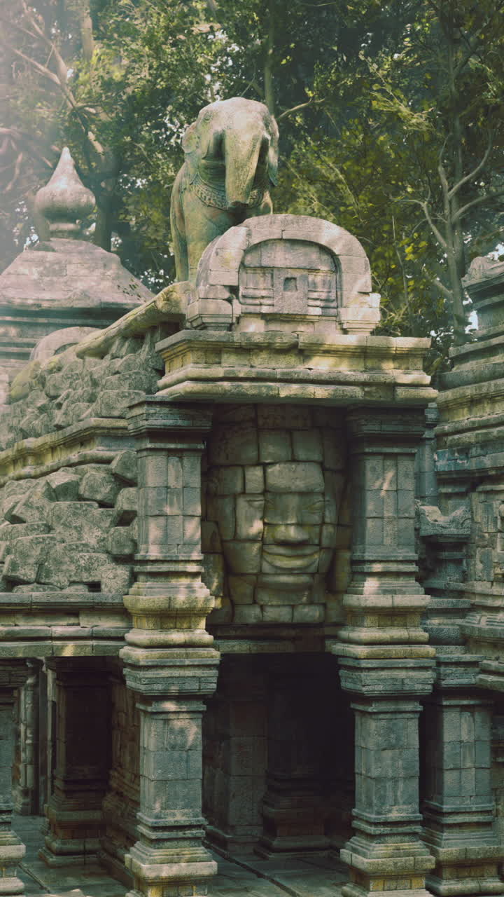 Ruins of an ancient temple complex are nestled in a dense forest