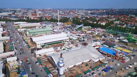 marvelous aerial top view flight theresienwiese october festival, sunny day before opening