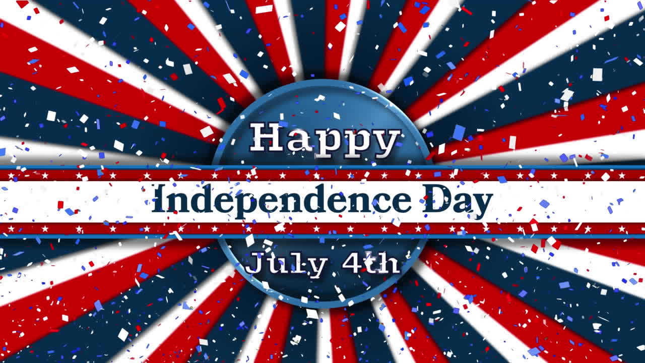 라디얼 배경에 행복한 독립 텍스트 배너 위에 떨어지는 콘페티의 디지털 애니메이션