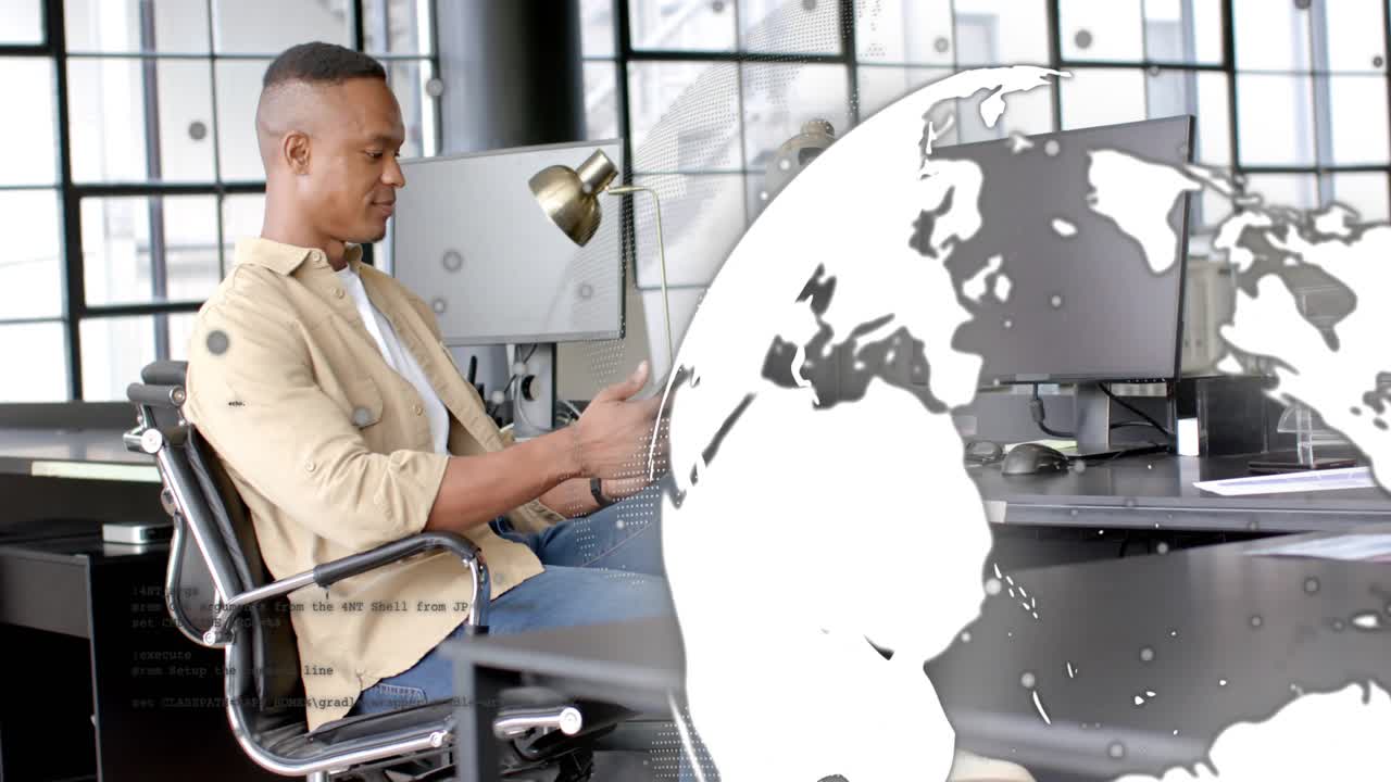 Man tapping tablet and activating globe sweeping frame, hiding monitors, showing tech data