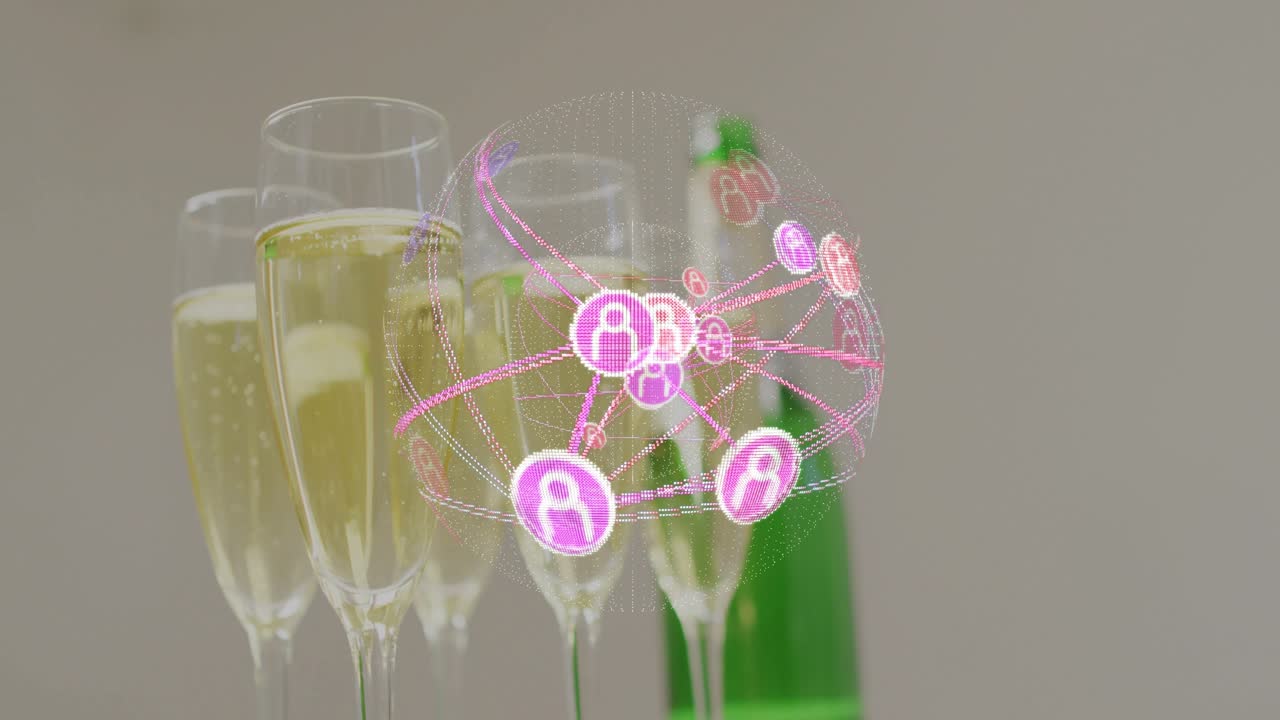 On scene start pink globe growing and rotating pulsing nodes showing network over flutes and bottle