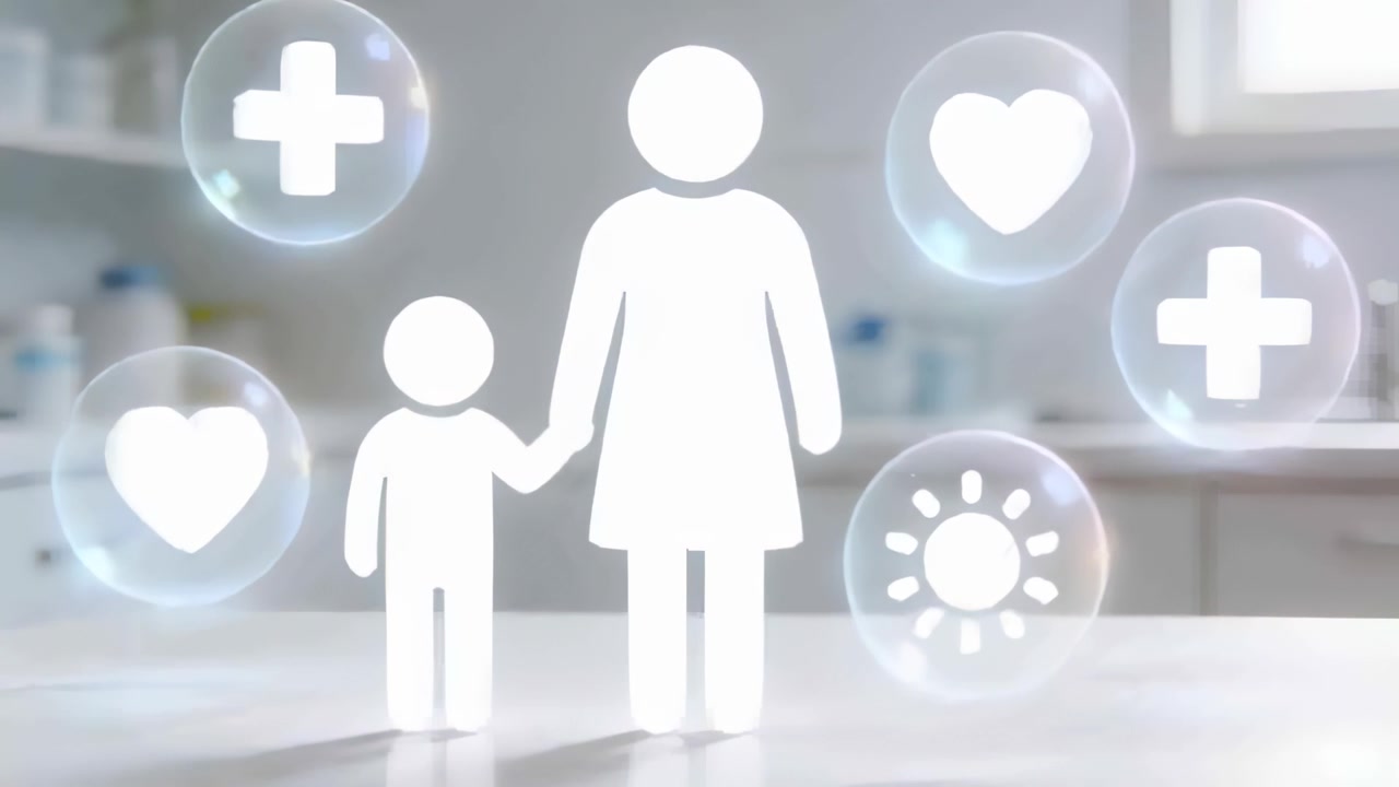 クリニックで、子供の手を握るドレス姿の大人を中心に、光の玉が漂い、ケアアイコンが表示されている。