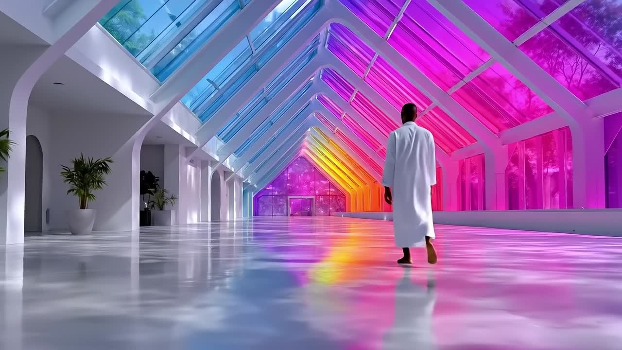 A man in a white robe walking through a large room with a rainbow colored ceiling