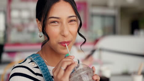 happy, woman face and smoothie in a restaurant