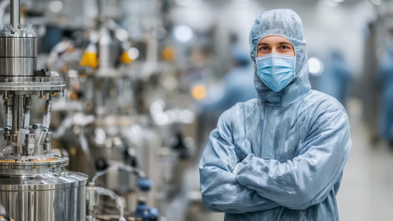 Un trabajador profesional con vestimenta para sala blanca, mascarilla de seguridad y bata en una moderna instalación industrial, que muestra equipos y tecnología avanzados