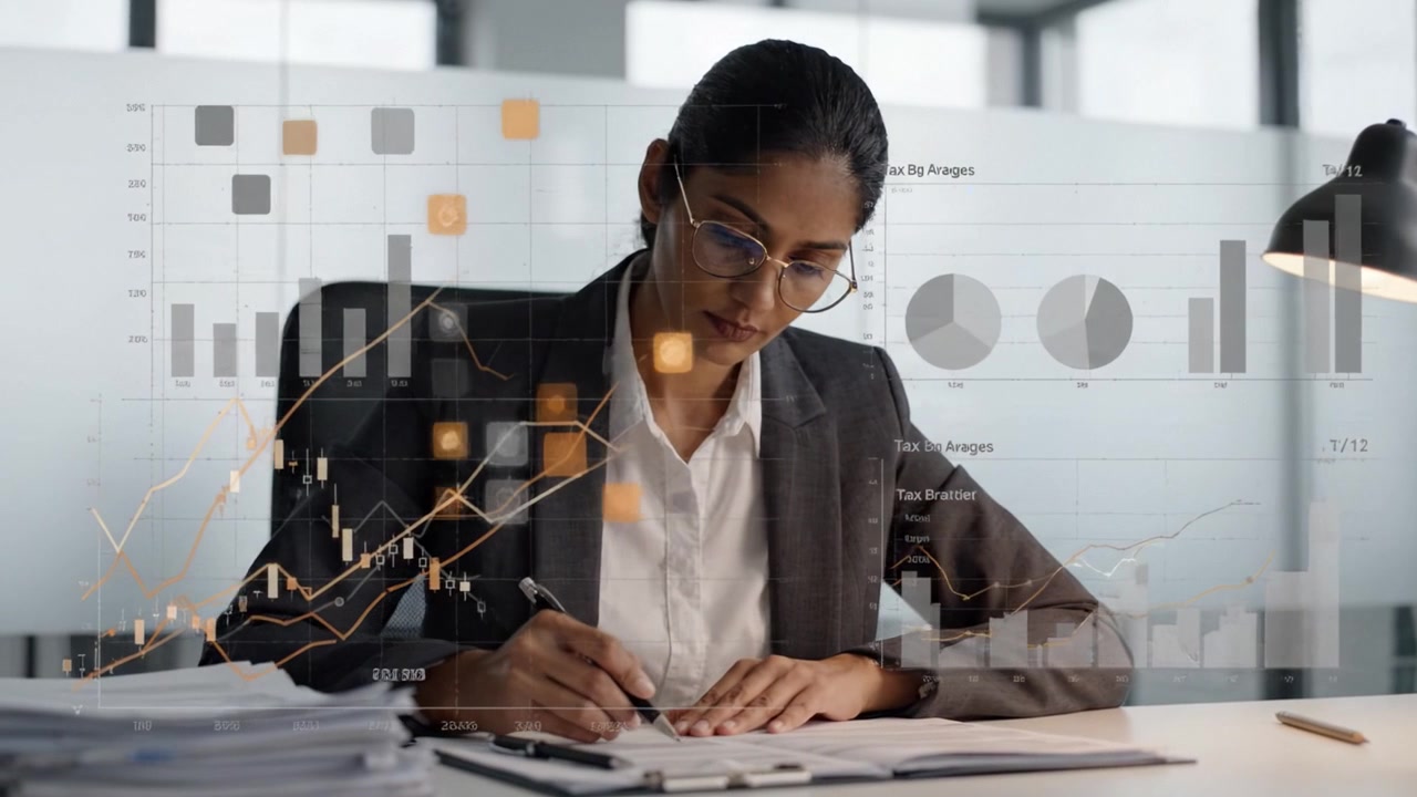 A focused professional woman analyzing data and writing notes at her desk, surrounded by business graphs showcasing key statistics and trends in the background.