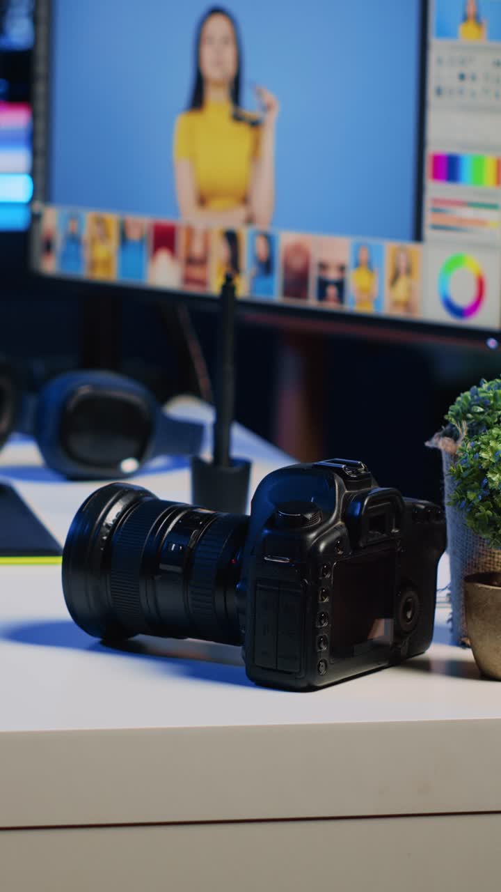 Programma di organizzazione di foto e video verticali visualizzato su PC con configurazione multi-monitor sulla scrivania di un'agenzia di media