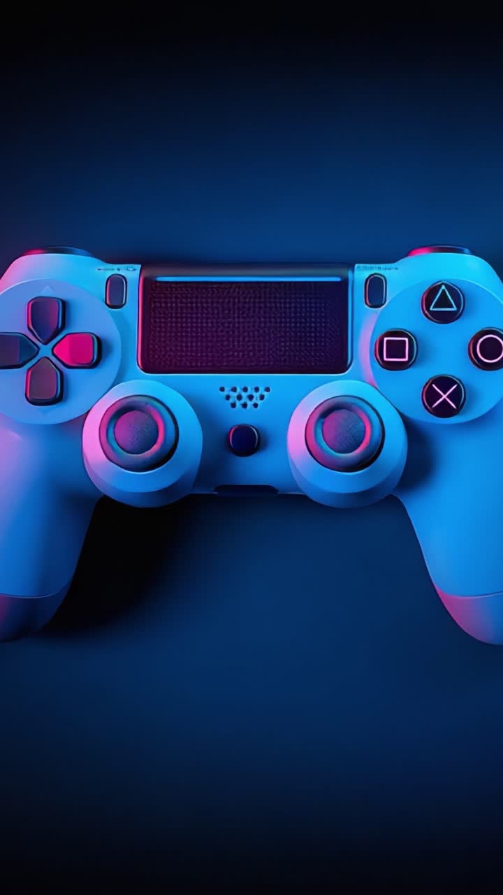 Stylish Close-Up of a Modern Video Game Controller Emitting a Vibrant Pink and Blue Glow, Showcasing Its Sleek Design and Intricate Button Layout