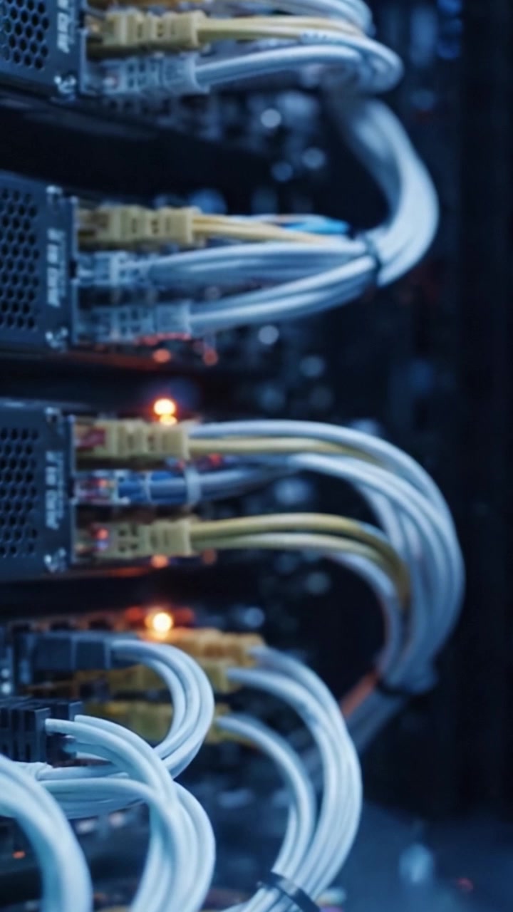 A Close-Up View of High-Performance Data Center Equipment with Advanced Connectivity Cables and Bright LED Indicators in a Server Rack Environment