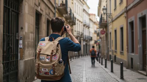 a traveler captures the essence of a charming street scene, highlighting the architectural beauty and vibrant life in the background while exploring with curiosity and adventure