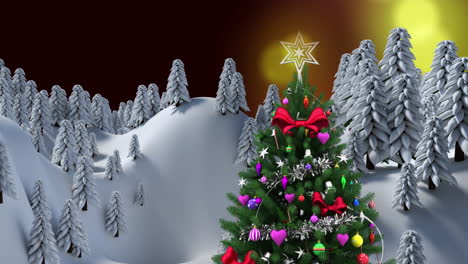 animación de árbol de navidad decorado en el paisaje de invierno contra manchas amarillas de luz.
