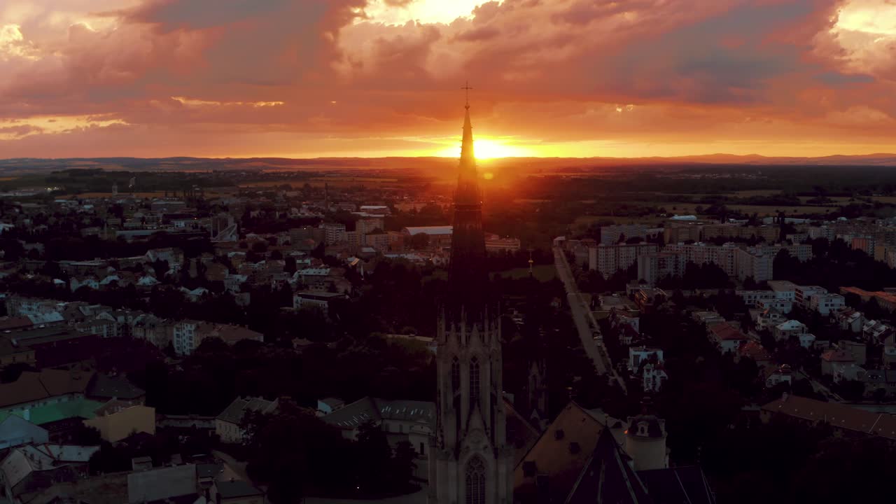 Aerial drone sunset view of Olomouc city of Czech Republic, showing urban developed city during sunset. Czechia