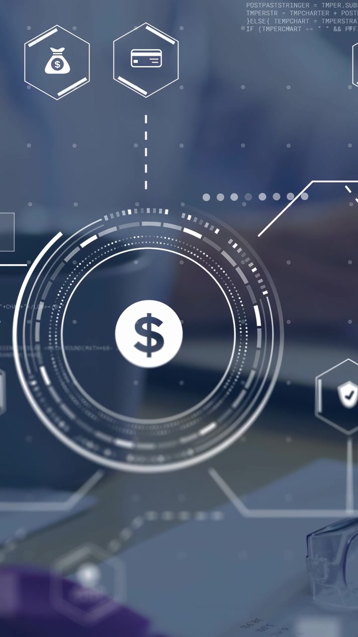 Vertical video: Faint HUD fading in over desk, woman tapping desk for finance dollar rings forming
