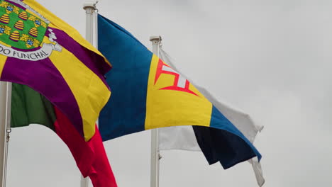 Flags-Of-Madeira-Flying-On-Flagpole-In-Portugal