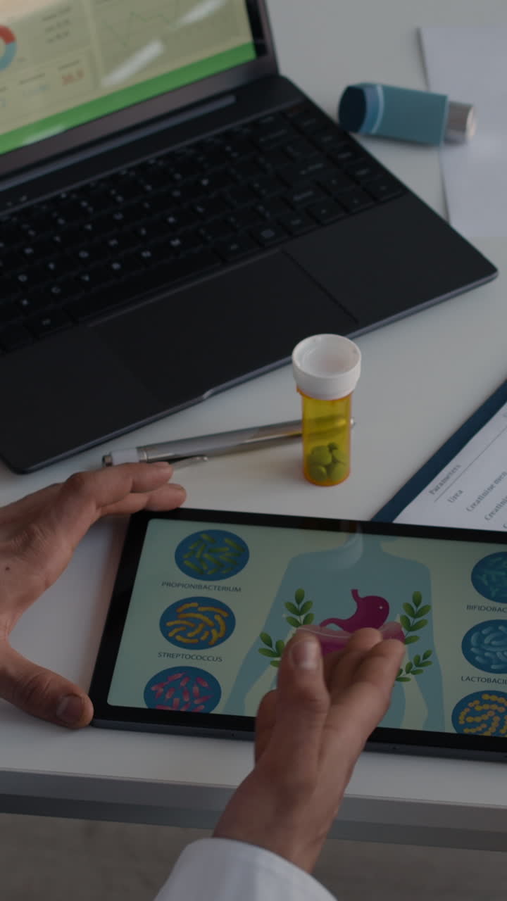 Medical workspace with tablet and medication