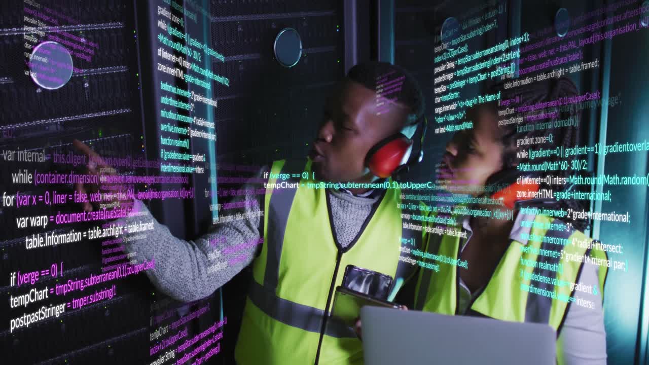 Animation of data processing over african american male and female engineers working at server room