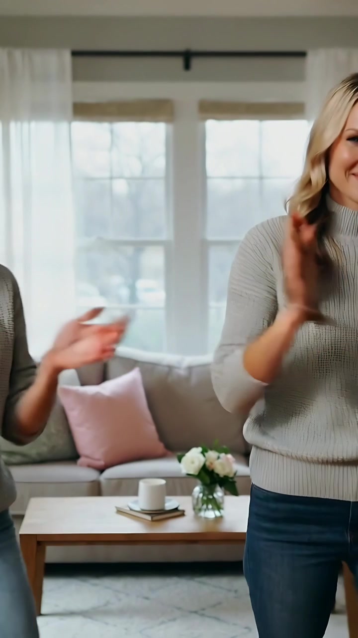 Vertical video: Clapping two women after hair swing, in gray knits at home by couch, cheering