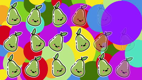 animation of smiling pears in rows over colourful spots