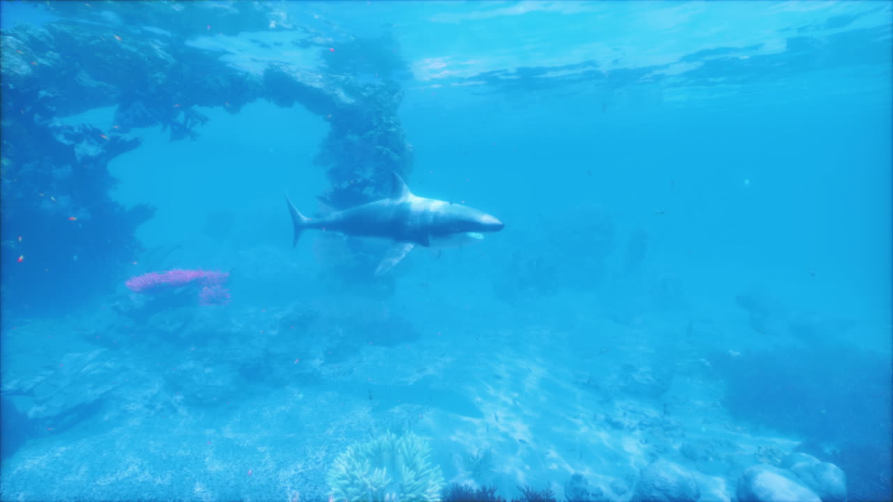 gran tiburón blanco nadando cerca del arrecife de coral en aguas azules claras