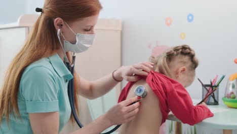 a pediatrician in a hospital examines and listens to a little girl with a stethoscope.