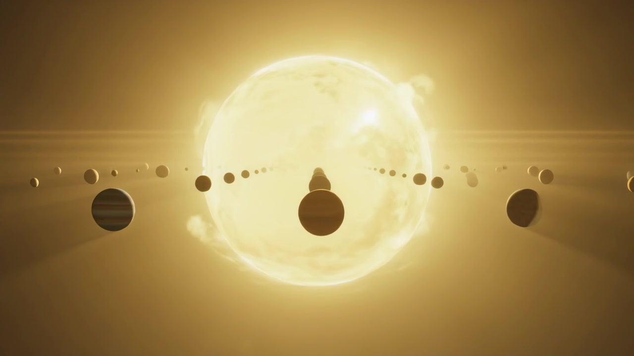 Shifting planets toward view in space after star flare, central planet blocking star, cone atop