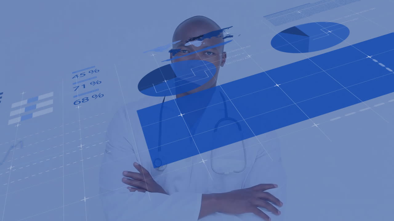 doctor crossing arms in medical clinic with digital charts graphs and percentage figures floating