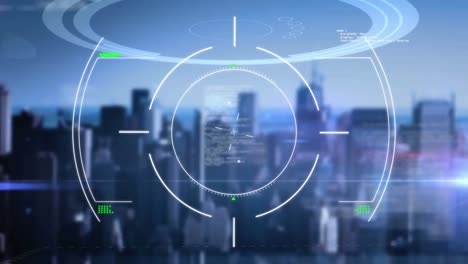 Animation-of-data-processing-with-molecules-and-dna-strand-over-cityscape