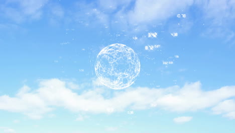 floating digital globe with data points in animation over blue sky and clouds