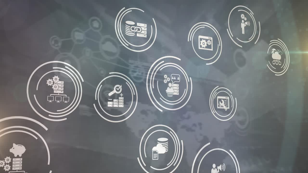 animación de una red de iconos digitales sobre un fondo gris