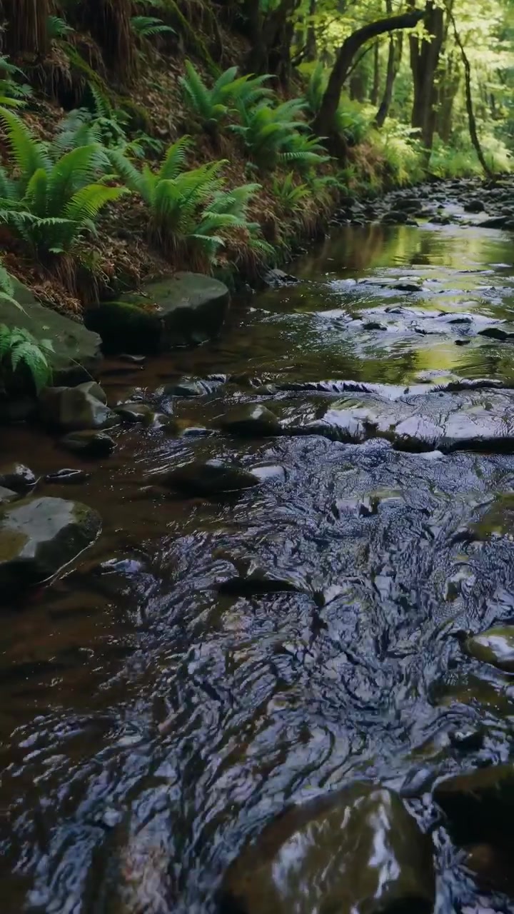 Small Stream Flowing Through a Lush Green Forest