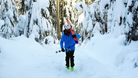 Person-walking-with-snowboard-and-ski-pole-4k