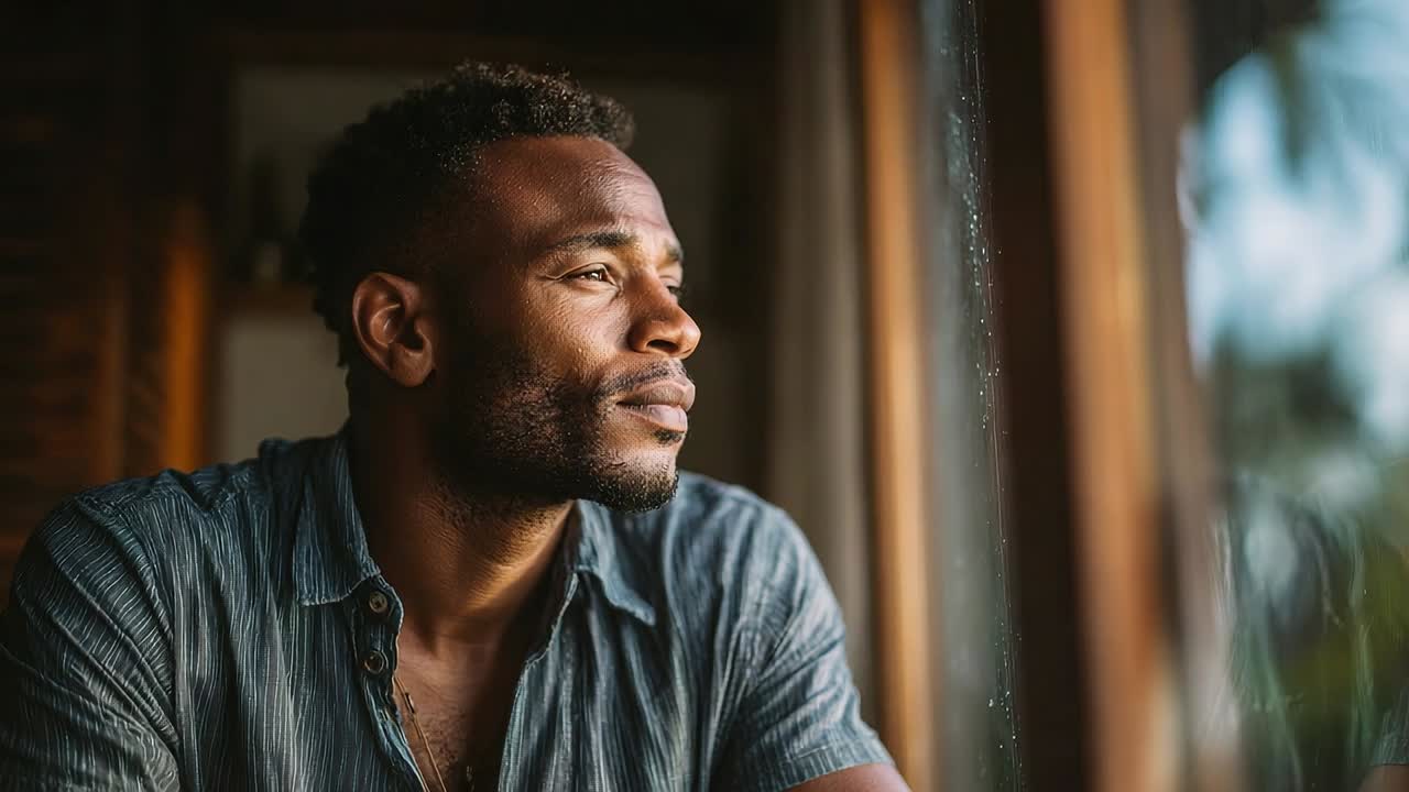 Man gazing thoughtfully out a window during a rainy afternoon