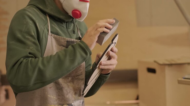 A carpenter is grinding a piece of wood, a plywood product made on a CNC laser machine using sandpaper