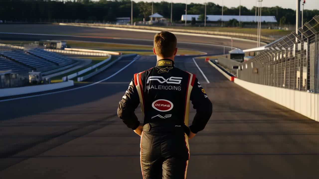 Race car driver standing on an empty circuit