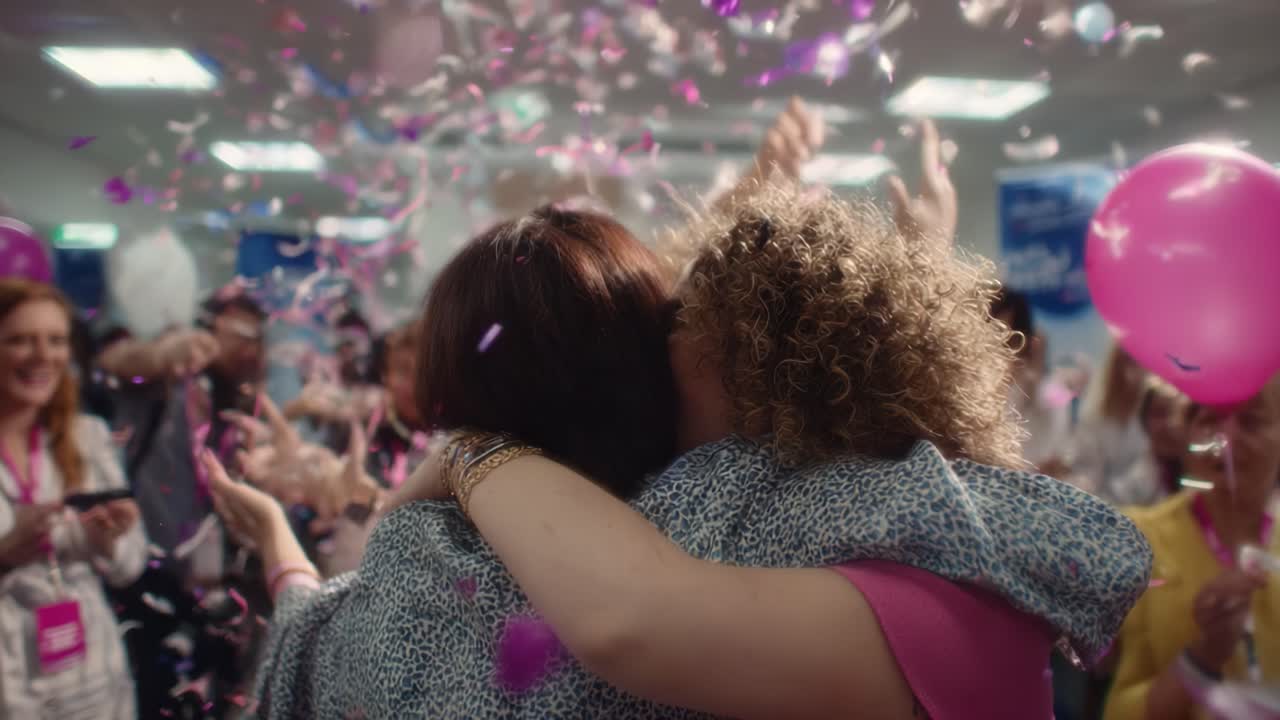 A joyous celebration unfolds with friends embracing amidst a swirl of confetti and balloons, capturing the essence of happiness, camaraderie, and unforgettable moments together