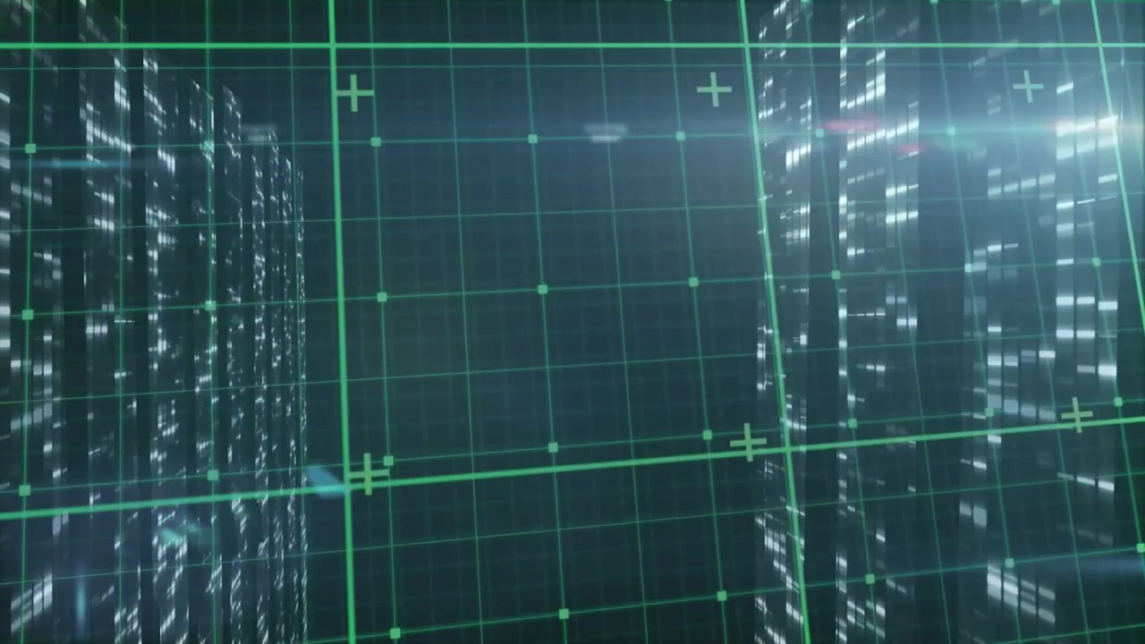 Center green grid calibrating on load, guide line sliding, particles drifting, showing data scan