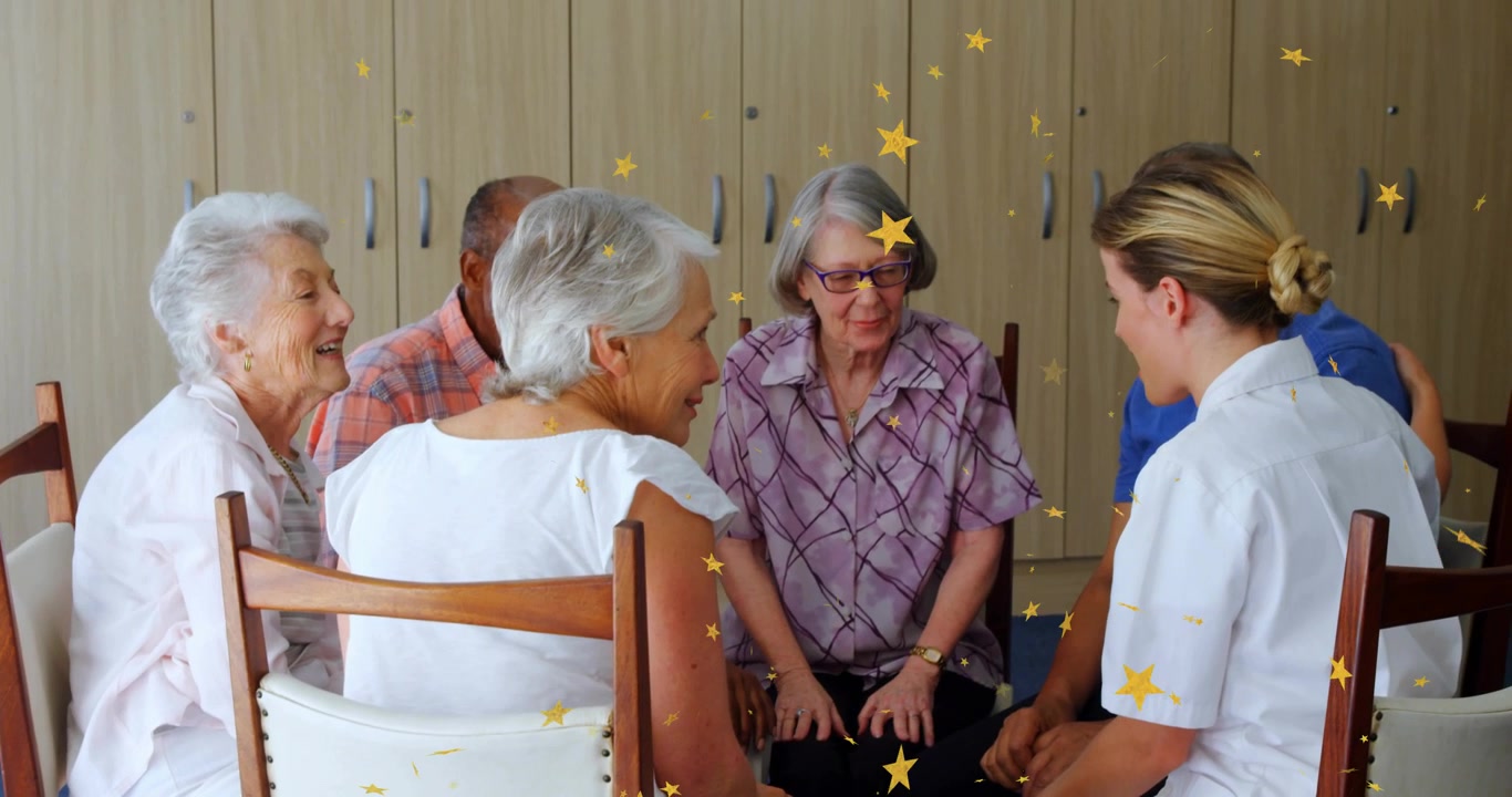 Facilitador/a ajustándose el cabello e iniciando una charla grupal con un icono de pregunta animado, fomentando el intercambio abierto.