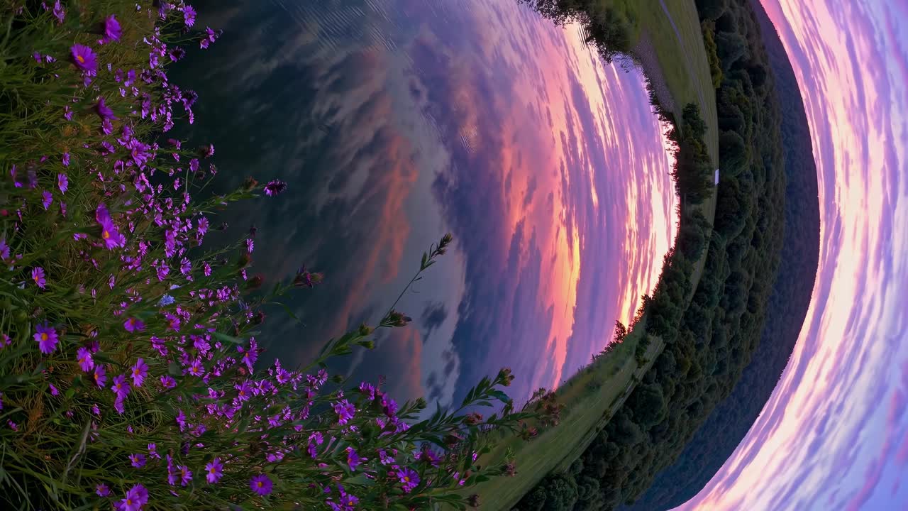 A fisheye lens captures a surreal landscape with vibrant purple flowers and a curved horizon