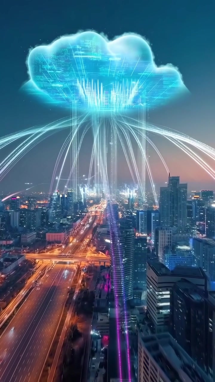 Concetto di cloud computing digitale sullo skyline di una città moderna di notte