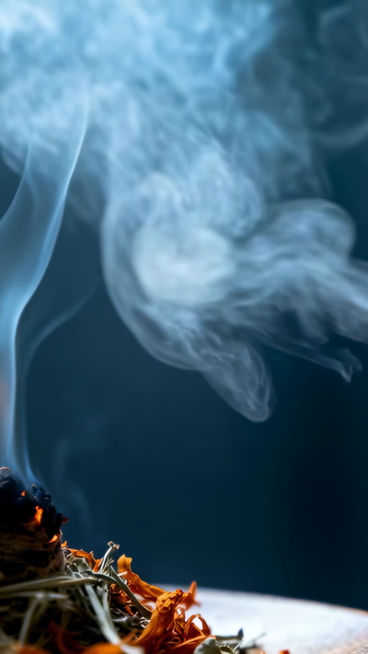 Vertical video: Smoking herb bundle with lit tip emitting smoke on studio table, embers, copy space