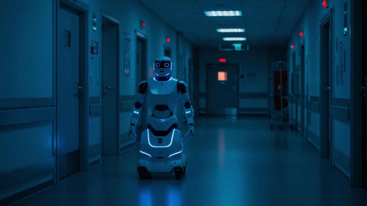 A Futuristic Healthcare Companion: An Enlightening Exploration of a Robot Navigating a Dimly Lit Hospital Corridor, Symbolizing Advanced Technology in Medical Environments