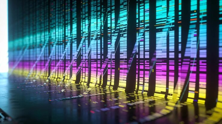 Sliding camera revealing LED panel with slats shifting cyan purple yellow bands in studio